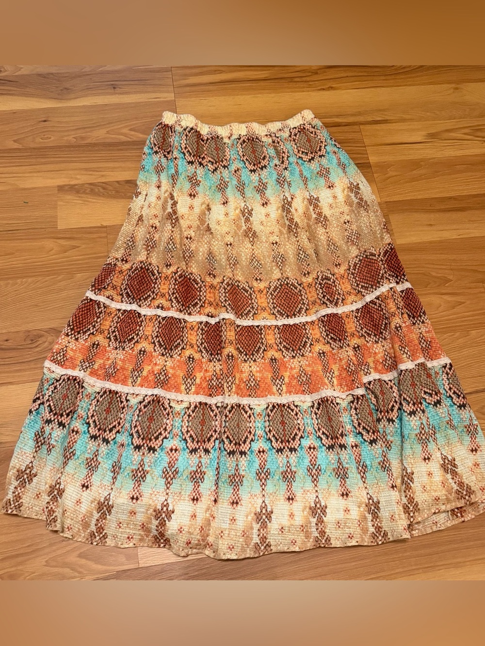 Reba Boho Maxi Skirt in Turquoise, Orange and Brown